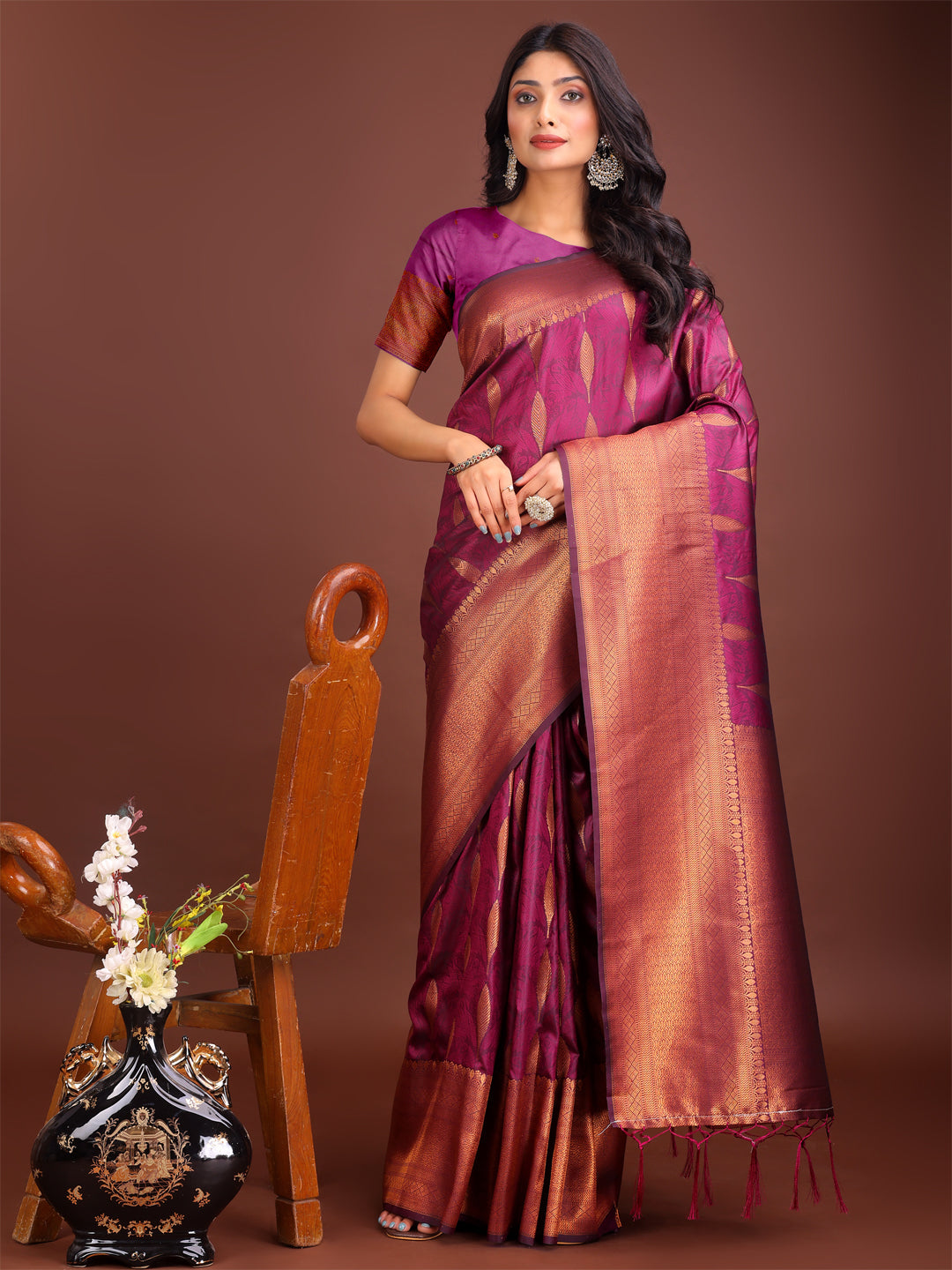 Shree Shyam Fashion Purple Linen Cotton Saree with Golden Zari Leaf Woven Design & Rich Pallu - Festive Wear | Office Look | Soft Drape