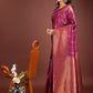 Shree Shyam Fashion Purple Linen Cotton Saree with Golden Zari Leaf Woven Design & Rich Pallu - Festive Wear | Office Look | Soft Drape