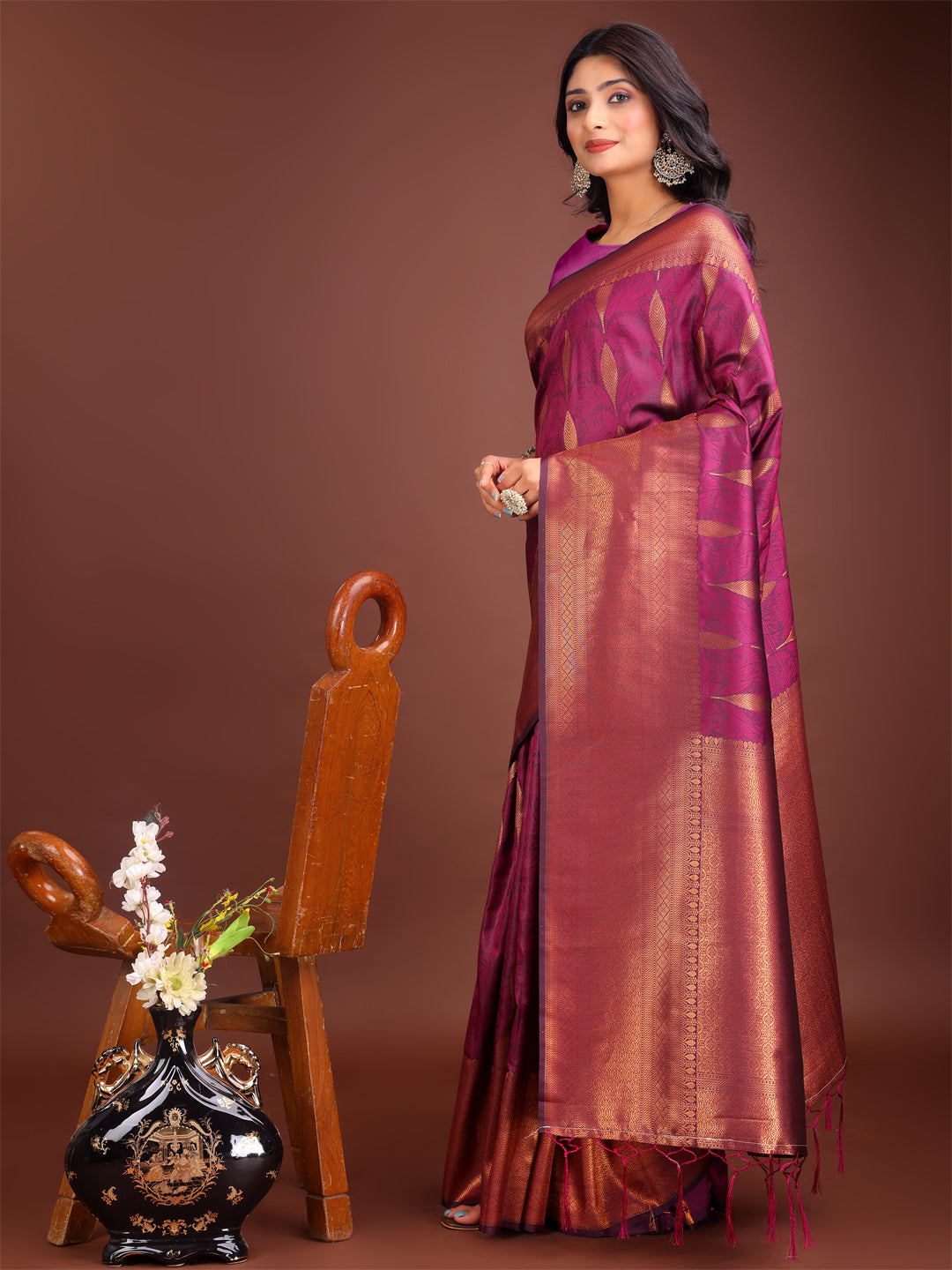 Shree Shyam Fashion Purple Linen Cotton Saree with Golden Zari Leaf Woven Design & Rich Pallu - Festive Wear | Office Look | Soft Drape