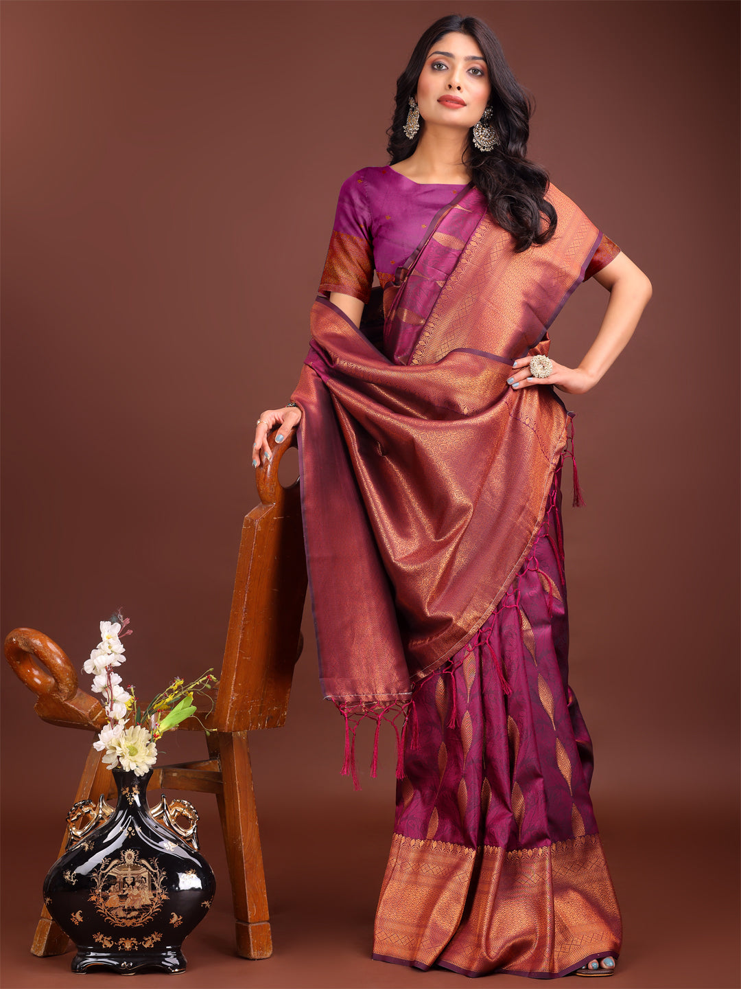 Shree Shyam Fashion Purple Linen Cotton Saree with Golden Zari Leaf Woven Design & Rich Pallu - Festive Wear | Office Look | Soft Drape