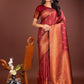 Shree Shyam Fashion Maroon Linen Cotton Saree with Golden Zari Leaf Woven Design & Rich Pallu - Festive Wear | Office Look | Soft Drape