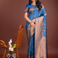 Shree Shyam Fashion Sky Blue Linen Cotton Saree with Golden Zari Leaf Woven Design & Rich Pallu - Festive Wear | Office Look | Soft Drape