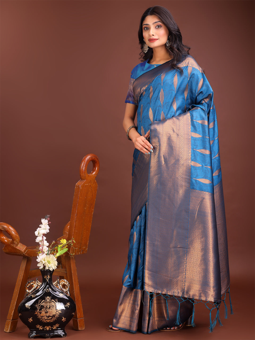 Shree Shyam Fashion Sky Blue Linen Cotton Saree with Golden Zari Leaf Woven Design & Rich Pallu - Festive Wear | Office Look | Soft Drape