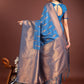 Shree Shyam Fashion Sky Blue Linen Cotton Saree with Golden Zari Leaf Woven Design & Rich Pallu - Festive Wear | Office Look | Soft Drape