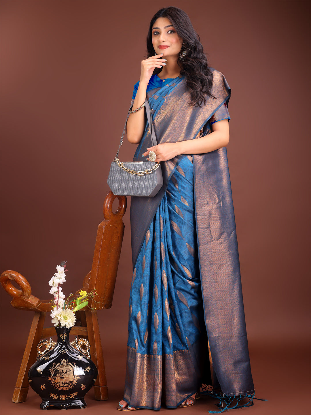 Shree Shyam Fashion Sky Blue Linen Cotton Saree with Golden Zari Leaf Woven Design & Rich Pallu - Festive Wear | Office Look | Soft Drape