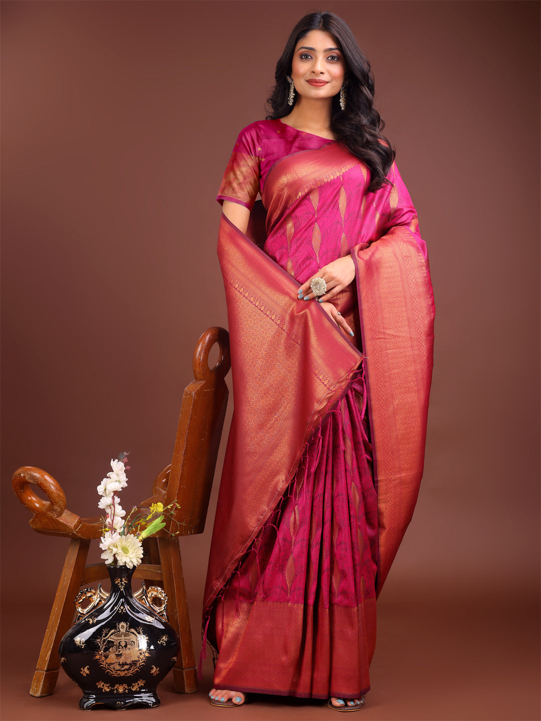 Shree Shyam Fashion Magenta Linen Cotton Saree with Golden Zari Leaf Woven Design & Rich Pallu - Festive Wear | Office Look | Soft Drape