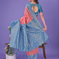 Shree Shyam Fashion Vibrant Peach & Teal Lichi Silk Saree with Rich Woven Border and Contrast Blouse - Festive & Wedding Wear