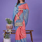 Shree Shyam Fashion Vibrant Peach & Teal Lichi Silk Saree with Rich Woven Border and Contrast Blouse - Festive & Wedding Wear