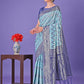 Shree Shyam Fashion Sky Blue & Green Lichi Silk Saree with Rich Woven Border and Zigzag Pattern - Wedding & Festive Wear