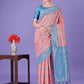 Shree Shyam Fashion Peach & Blue Lichi Silk Saree with Rich Woven Border and Zigzag Pattern - Wedding & Festive Wear