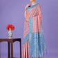 Shree Shyam Fashion Peach & Blue Lichi Silk Saree with Rich Woven Border and Zigzag Pattern - Wedding & Festive Wear