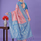 Shree Shyam Fashion Peach & Blue Lichi Silk Saree with Rich Woven Border and Zigzag Pattern - Wedding & Festive Wear