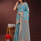 Shree Shyam Fashion Teal Blue Linen Cotton Saree with Woven Geometric Zari Motifs - Elegant Festive Wear for Women