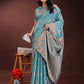 Shree Shyam Fashion Teal Blue Linen Cotton Saree with Woven Geometric Zari Motifs - Elegant Festive Wear for Women