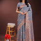 Shree Shyam Fashion Grey Linen Cotton Saree with Woven Geometric Zari Motifs - Elegant Festive Wear for Women