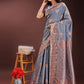 Shree Shyam Fashion Grey Linen Cotton Saree with Woven Geometric Zari Motifs - Elegant Festive Wear for Women