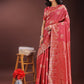 Shree Shyam Fashion Red Linen Cotton Saree with Woven Geometric Zari Motifs - Elegant Festive Wear for Women
