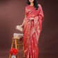 Shree Shyam Fashion Red Linen Cotton Saree with Woven Geometric Zari Motifs - Elegant Festive Wear for Women