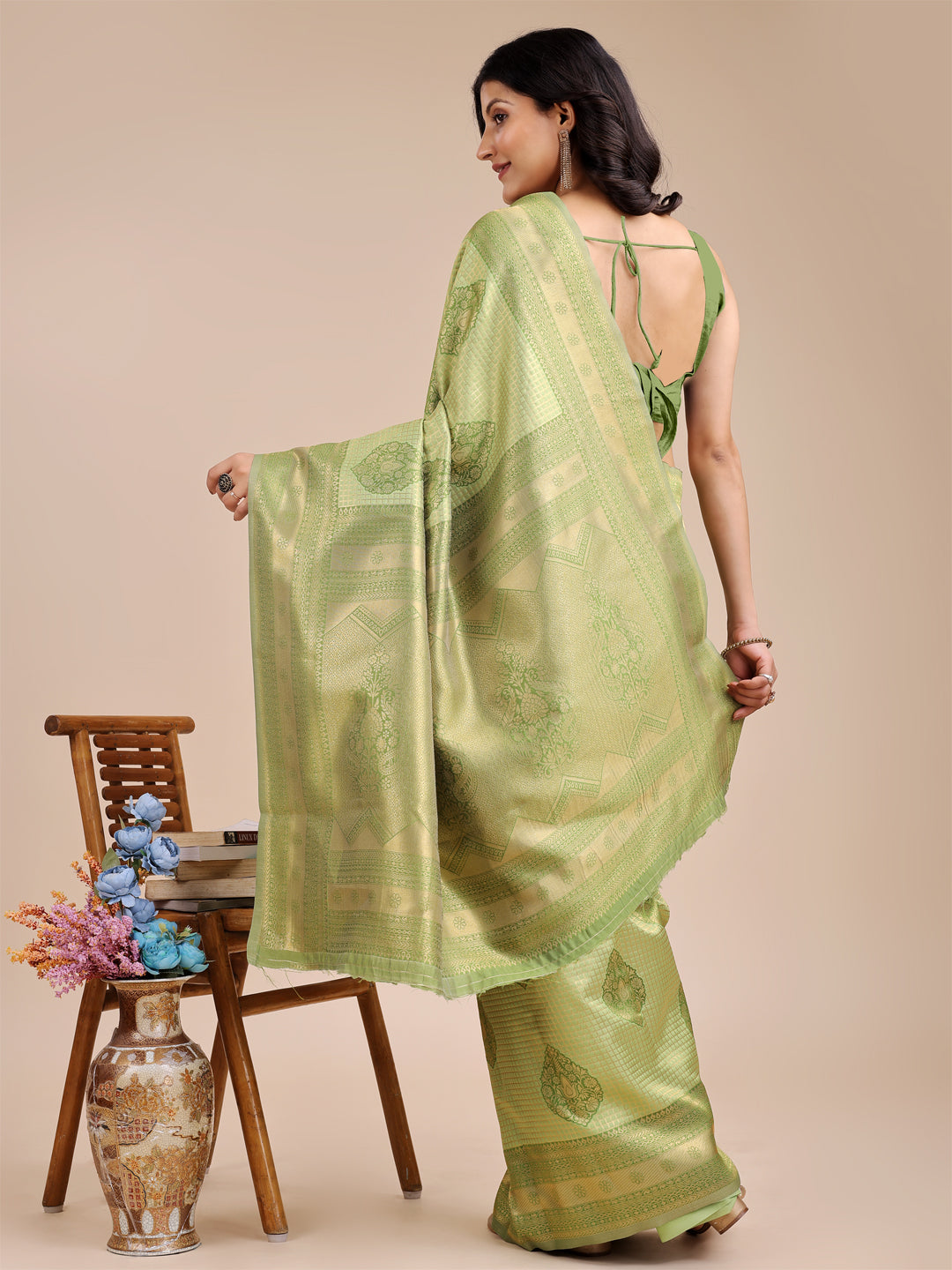 Astita Light Green Banarasi silk Woven Zari Work Traditional Tassel Saree | Swadesiicart