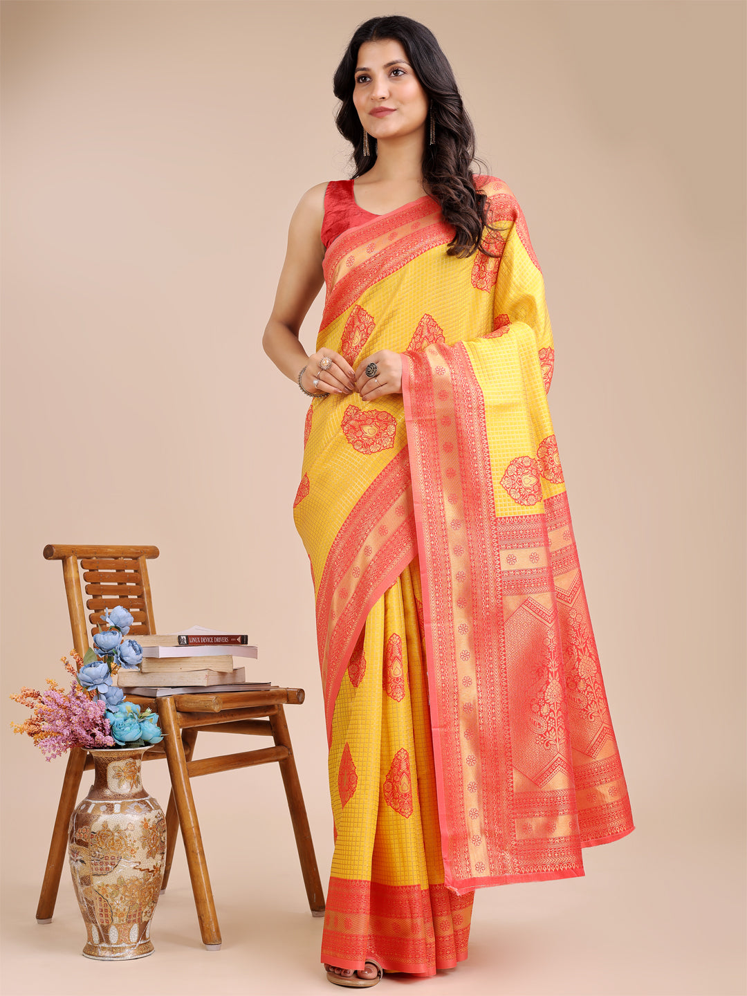Astita Yellow & Red Banarasi silk Woven Zari Work Traditional Tassel Saree | Swadesiicart