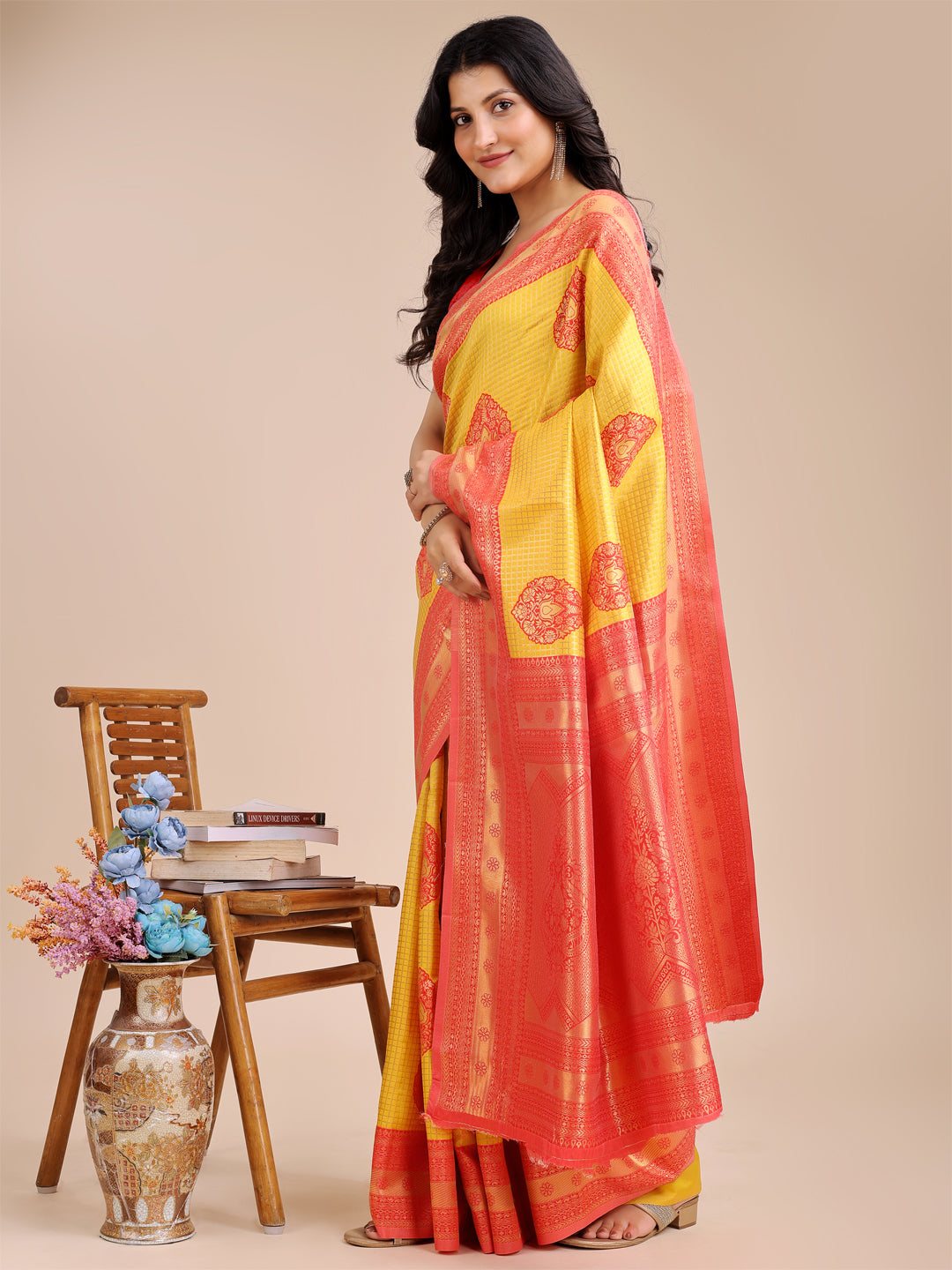 Astita Yellow & Red Banarasi silk Woven Zari Work Traditional Tassel Saree | Swadesiicart