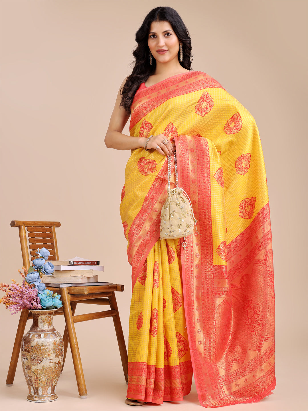 Astita Yellow & Red Banarasi silk Woven Zari Work Traditional Tassel Saree | Swadesiicart