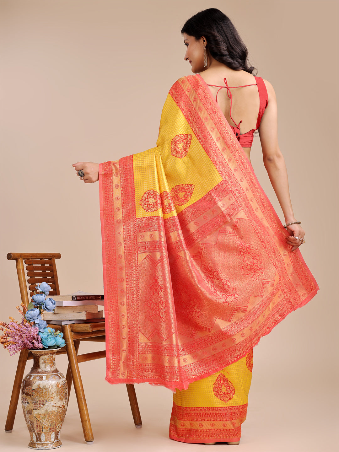 Astita Yellow & Red Banarasi silk Woven Zari Work Traditional Tassel Saree | Swadesiicart