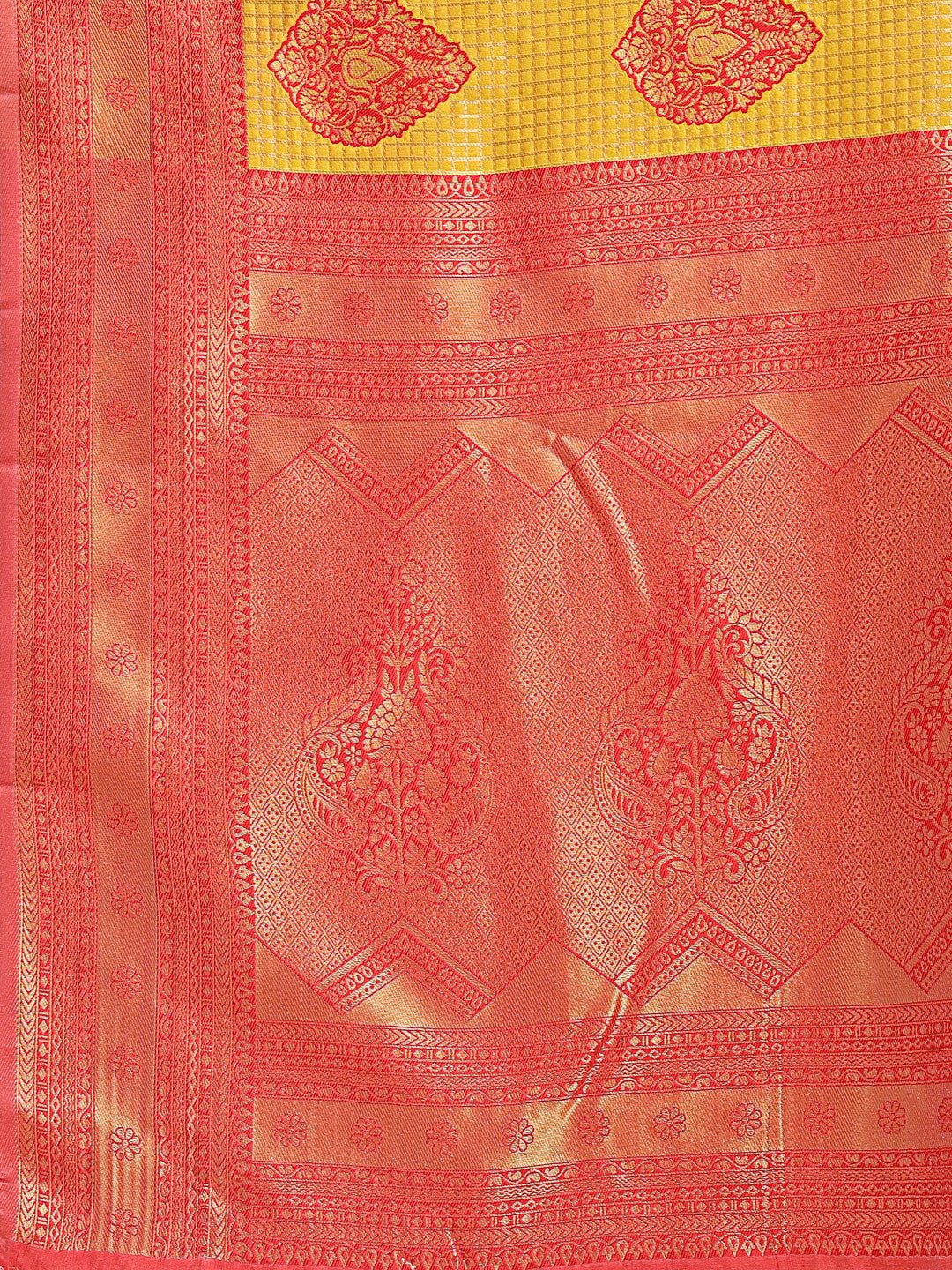 Astita Yellow & Red Banarasi silk Woven Zari Work Traditional Tassel Saree | Swadesiicart