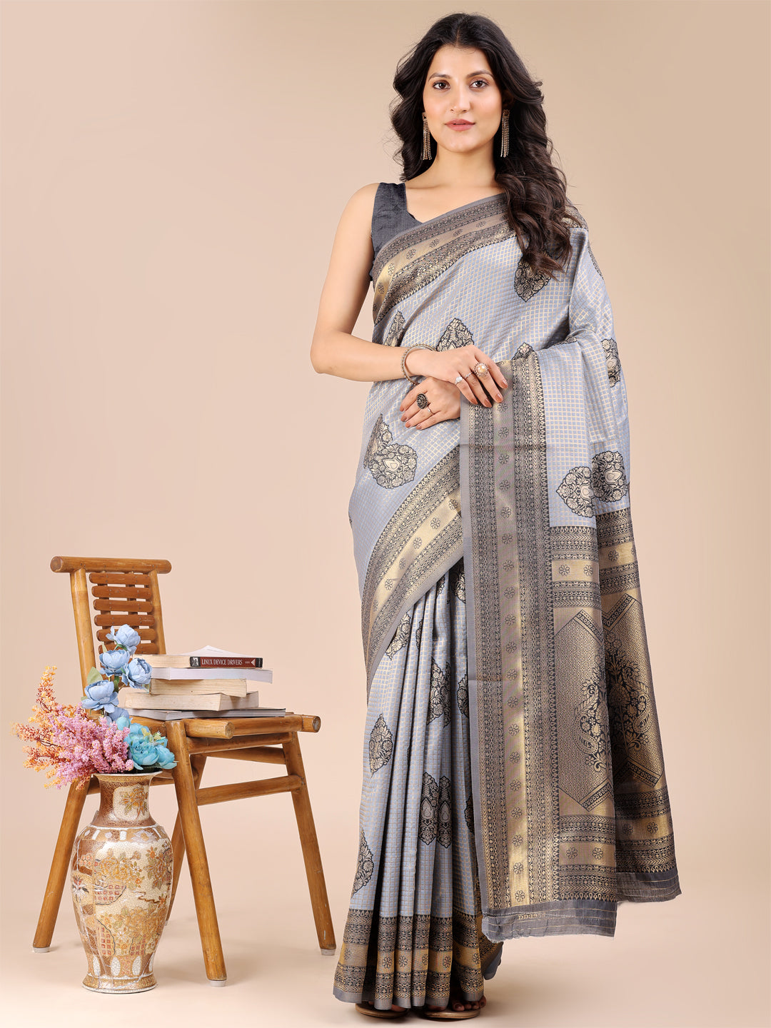 Astita Grey Banarasi silk Woven Zari Work Traditional Tassel Saree | Swadesiicart