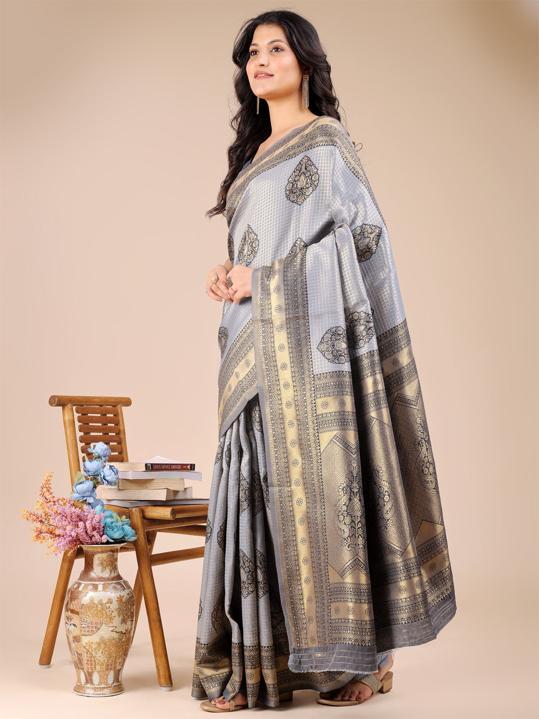 Astita Grey Banarasi silk Woven Zari Work Traditional Tassel Saree | Swadesiicart