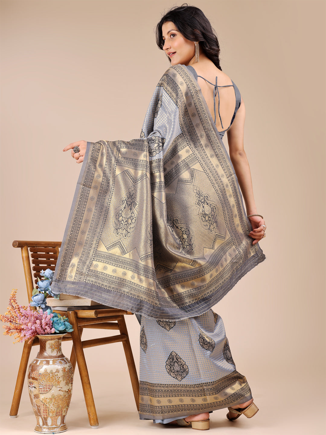 Astita Grey Banarasi silk Woven Zari Work Traditional Tassel Saree | Swadesiicart