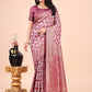 Shree Shyam Fashion Graceful Pink Lichi Silk Saree with Contrast Blue Woven Border & Floral Zari Design - Wedding & Festive Wear