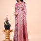 Shree Shyam Fashion Graceful Pink Lichi Silk Saree with Contrast Blue Woven Border & Floral Zari Design - Wedding & Festive Wear