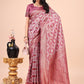 Shree Shyam Fashion Graceful Pink Lichi Silk Saree with Contrast Blue Woven Border & Floral Zari Design - Wedding & Festive Wear