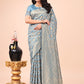 Shree Shyam Fashion Graceful Sky Blue Lichi Silk Saree with Contrast Blue Woven Border & Floral Zari Design - Wedding & Festive Wear