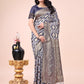Shree Shyam Fashion Graceful Navy Blue Lichi Silk Saree with Contrast Blue Woven Border & Floral Zari Design - Wedding & Festive Wear