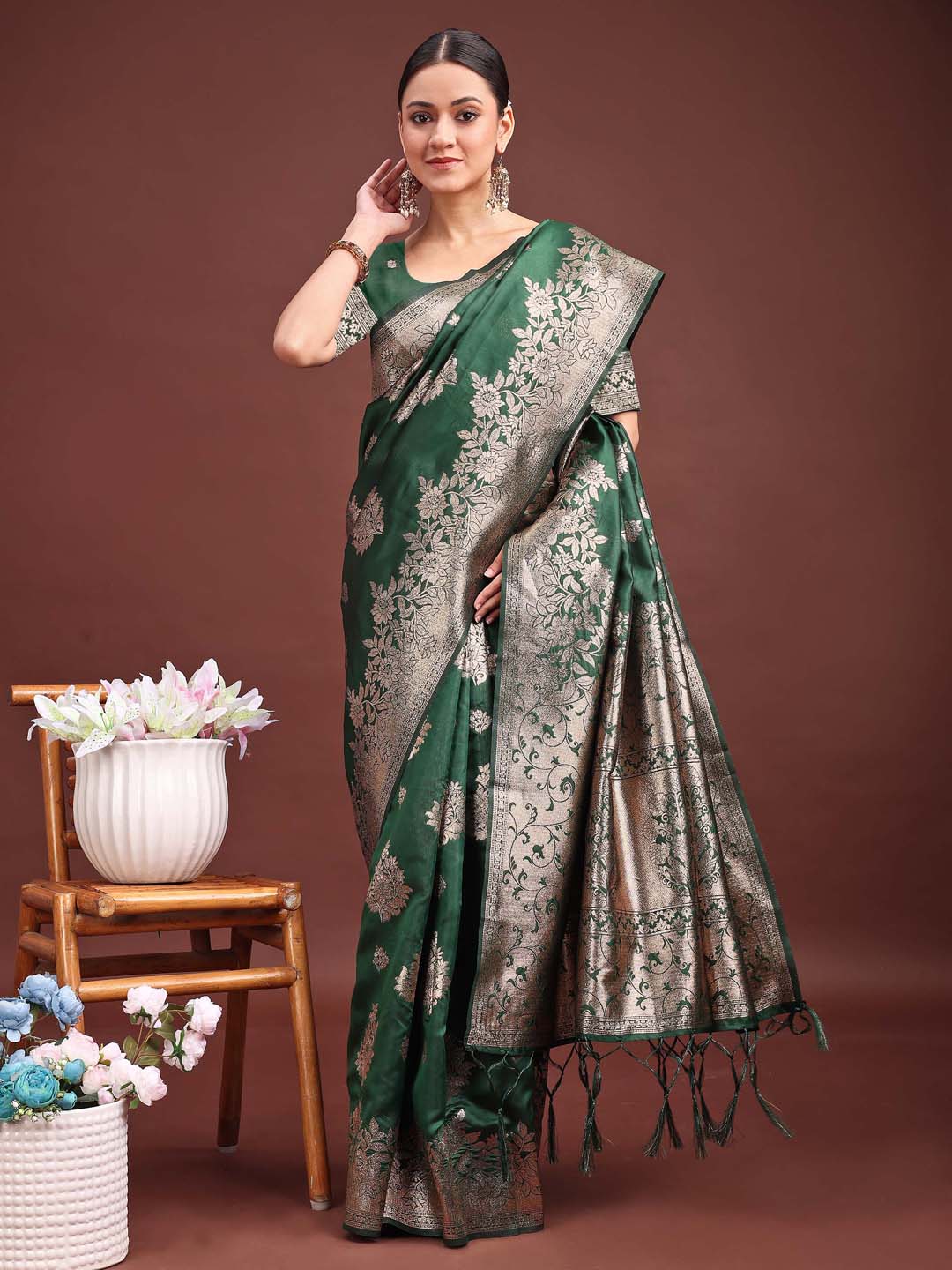 Astita Emerald Green Banarasi Silk Saree with Zari Floral Work - Elegance Woven in Every Thread | Swadesiicart