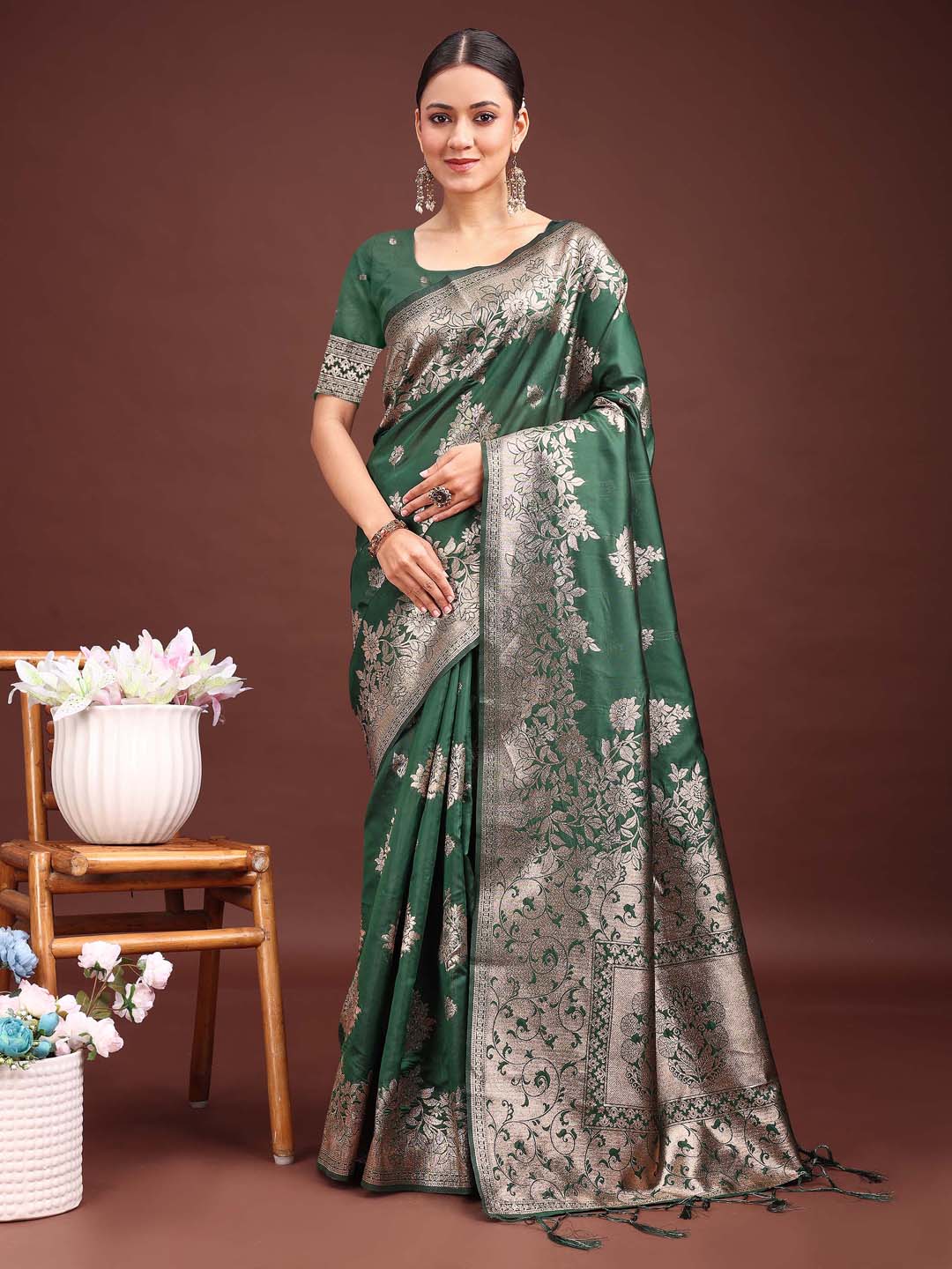 Astita Emerald Green Banarasi Silk Saree with Zari Floral Work - Elegance Woven in Every Thread | Swadesiicart