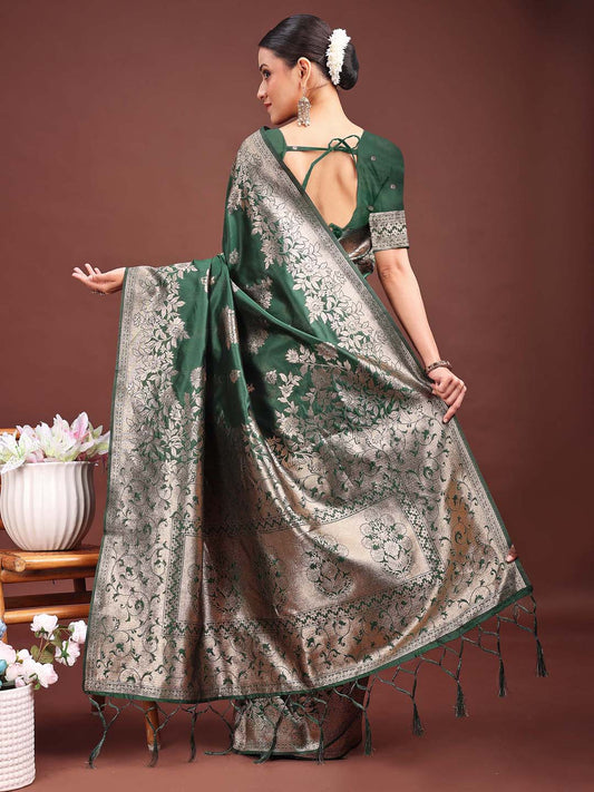 Astita Emerald Green Banarasi Silk Saree with Zari Floral Work - Elegance Woven in Every Thread | Swadesiicart