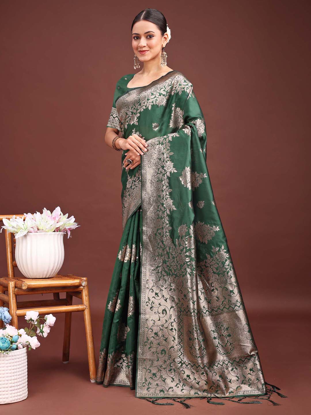 Astita Emerald Green Banarasi Silk Saree with Zari Floral Work - Elegance Woven in Every Thread | Swadesiicart