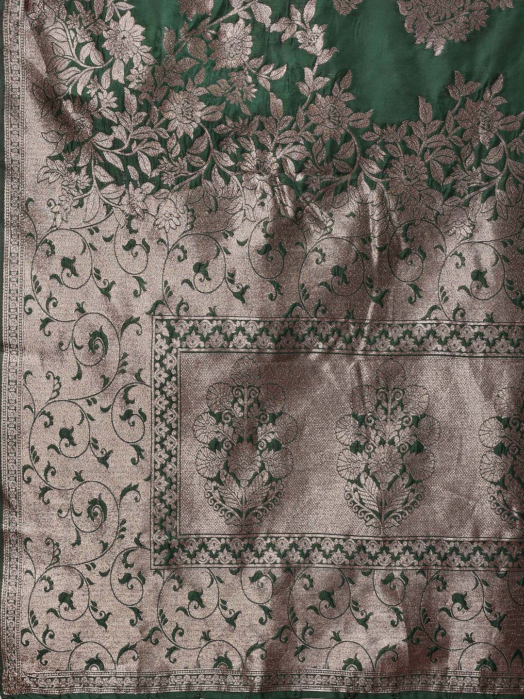Astita Emerald Green Banarasi Silk Saree with Zari Floral Work - Elegance Woven in Every Thread | Swadesiicart
