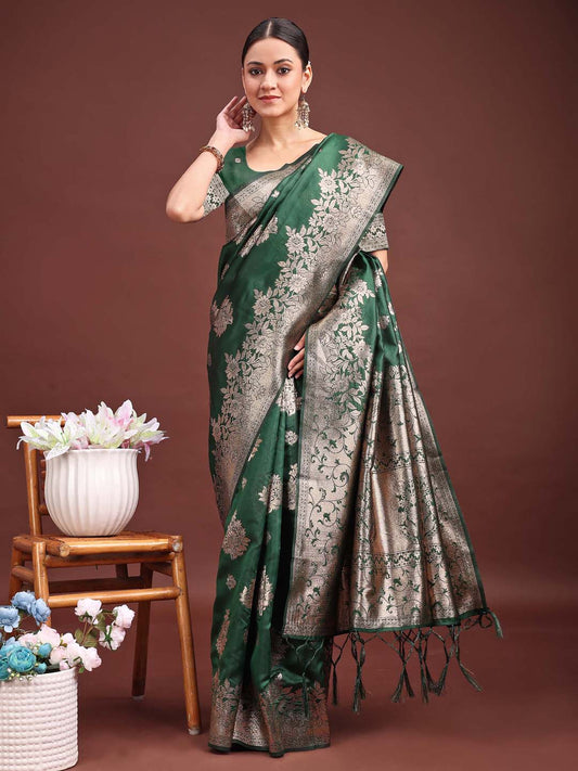 Astita Emerald Green Banarasi Silk Saree with Zari Floral Work - Elegance Woven in Every Thread | Swadesiicart
