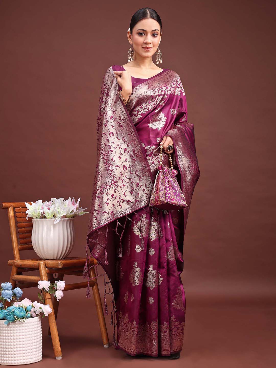 Astita Emerald Purple Banarasi Silk Saree with Zari Floral Work - Elegance Woven in Every Thread | Swadesiicart