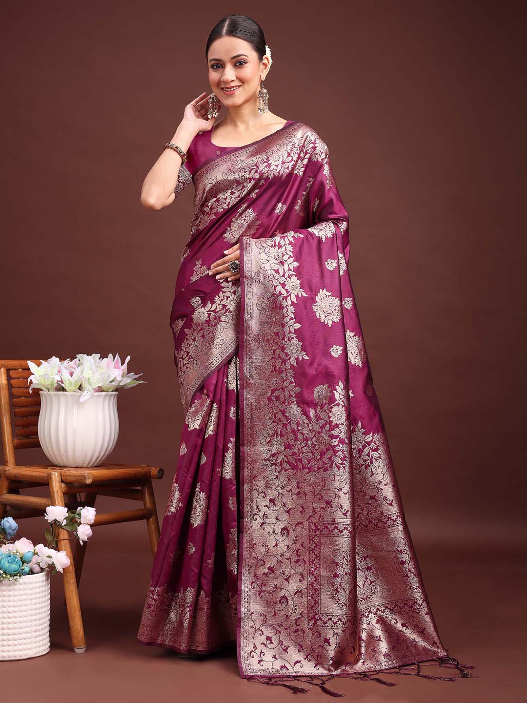 Astita Emerald Purple Banarasi Silk Saree with Zari Floral Work - Elegance Woven in Every Thread | Swadesiicart