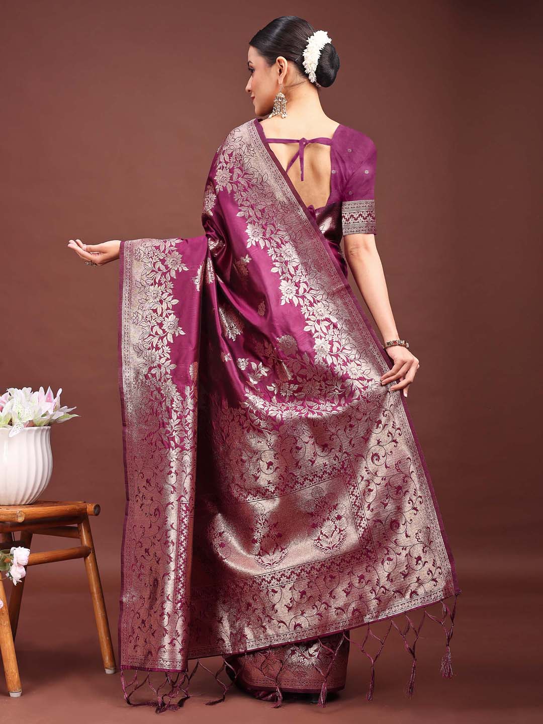 Astita Emerald Purple Banarasi Silk Saree with Zari Floral Work - Elegance Woven in Every Thread | Swadesiicart