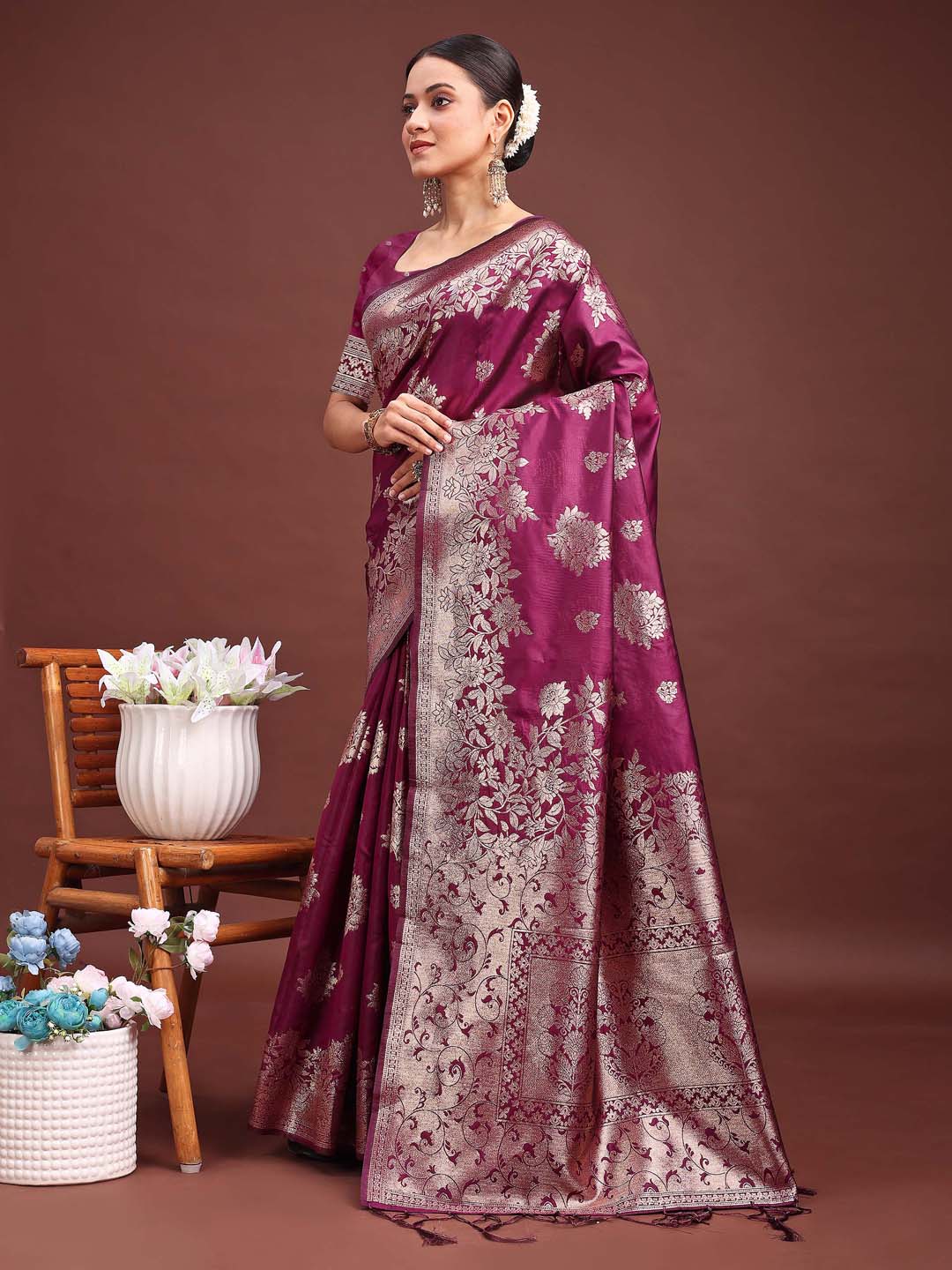 Astita Emerald Purple Banarasi Silk Saree with Zari Floral Work - Elegance Woven in Every Thread | Swadesiicart