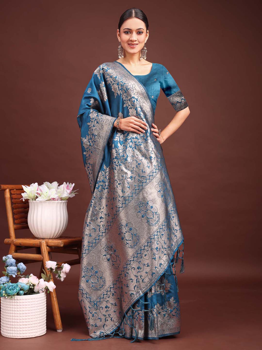 Astita Emerald Teal Green Banarasi Silk Saree with Zari Floral Work - Elegance Woven in Every Thread | Swadesiicart