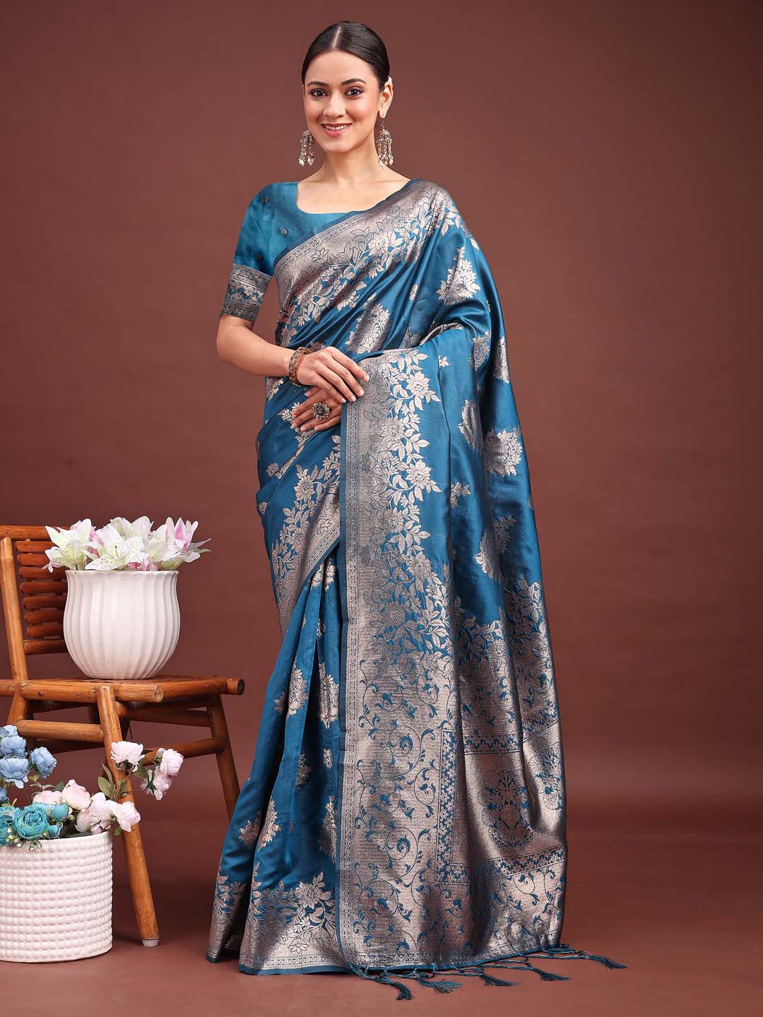 Astita Emerald Teal Green Banarasi Silk Saree with Zari Floral Work - Elegance Woven in Every Thread | Swadesiicart