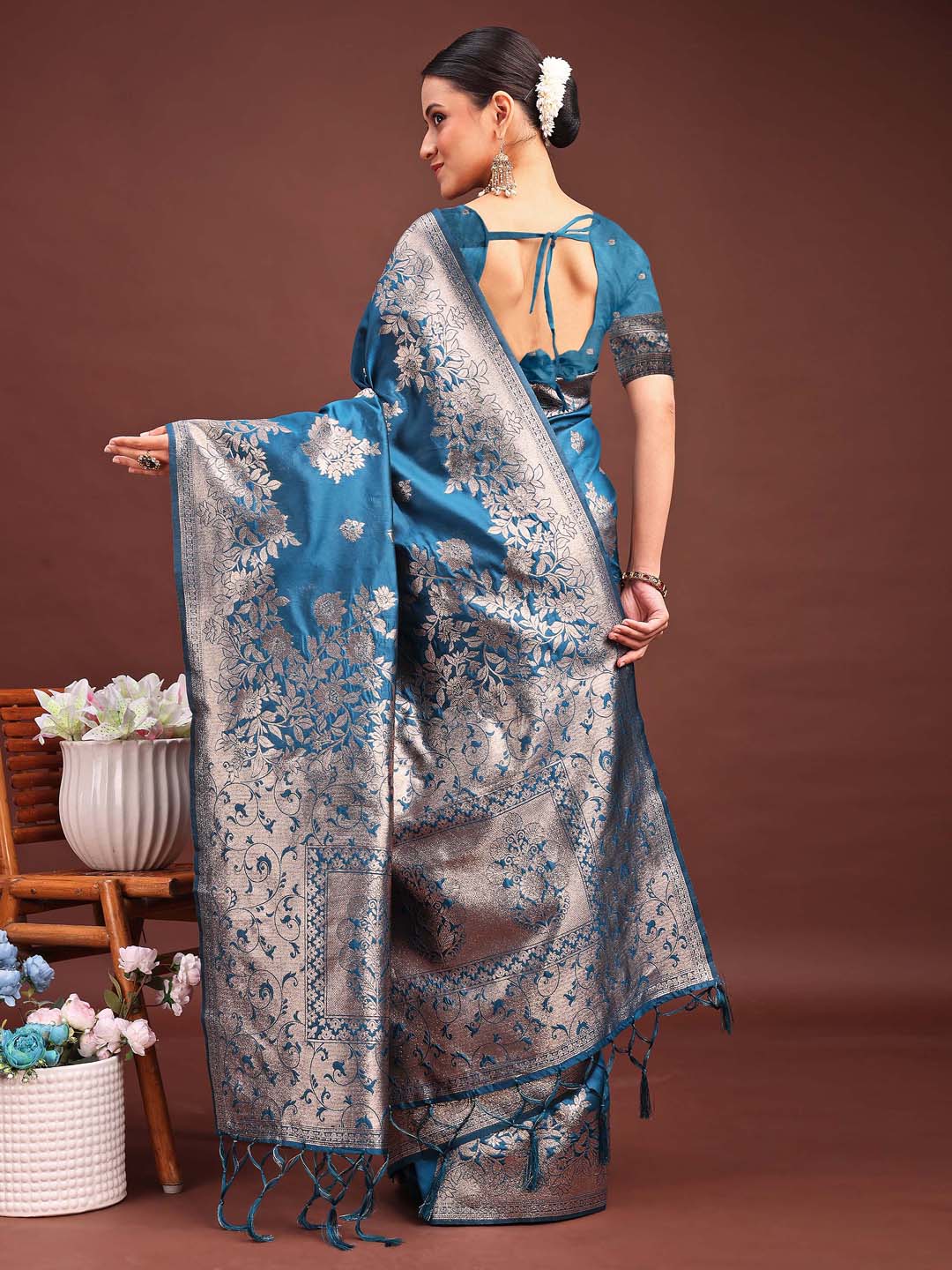 Astita Emerald Teal Green Banarasi Silk Saree with Zari Floral Work - Elegance Woven in Every Thread | Swadesiicart