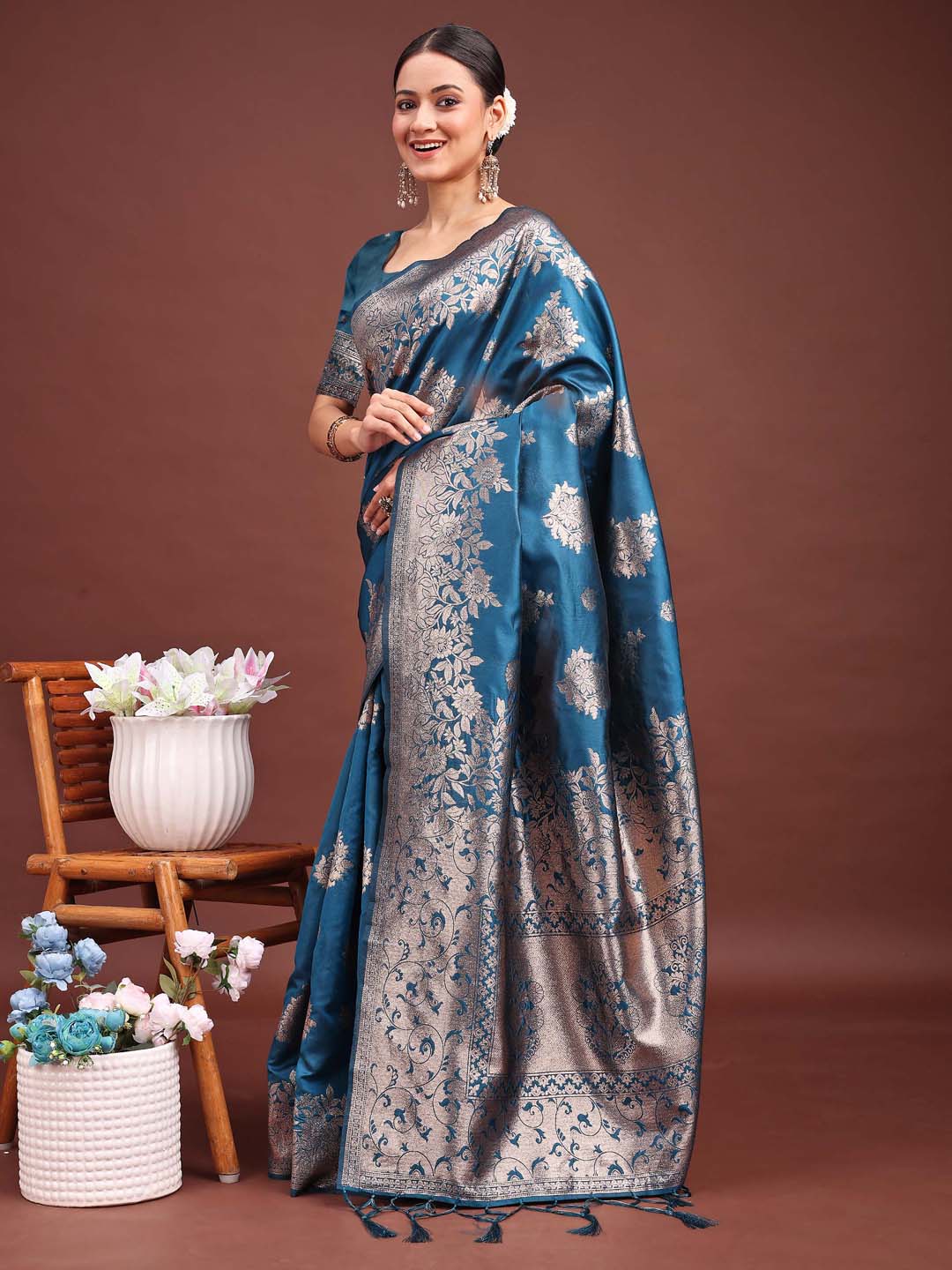 Astita Emerald Teal Green Banarasi Silk Saree with Zari Floral Work - Elegance Woven in Every Thread | Swadesiicart